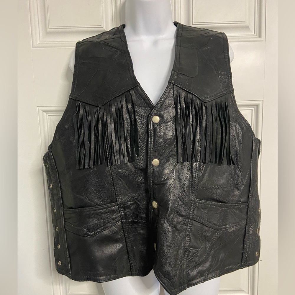 ITALIAN STONE DESIGN Black BUFFALO Leather Fringe BIKER Vest